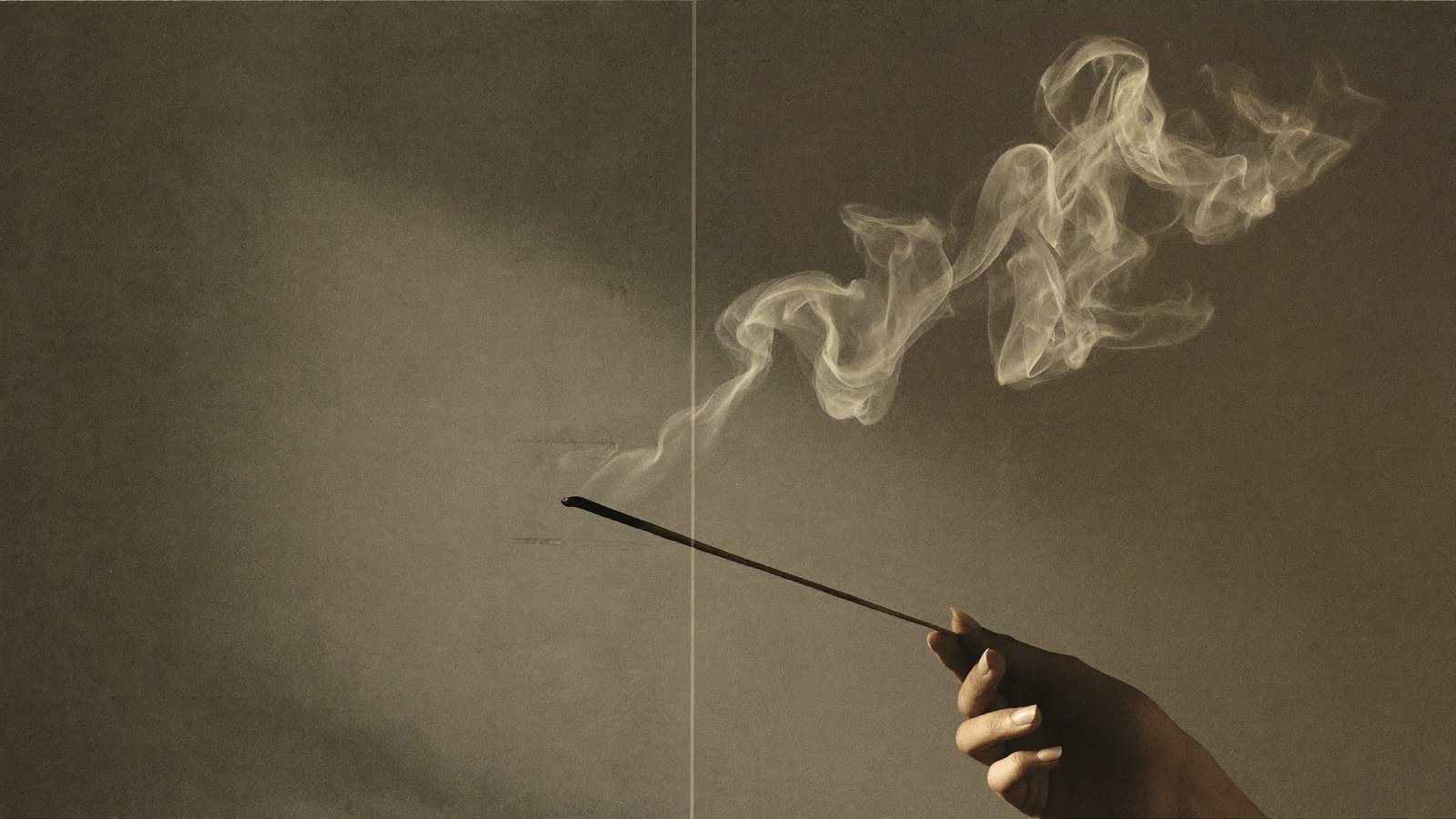 A hand holding an incense stick, smoke curling upward against warm taupe